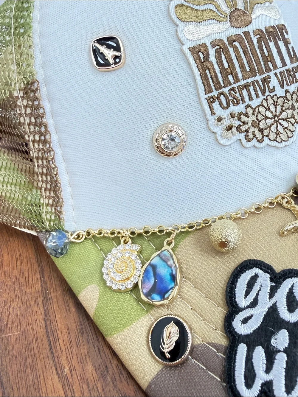 Radiate Positive Vibes Olive &‎ White Embellished Trucker Hat